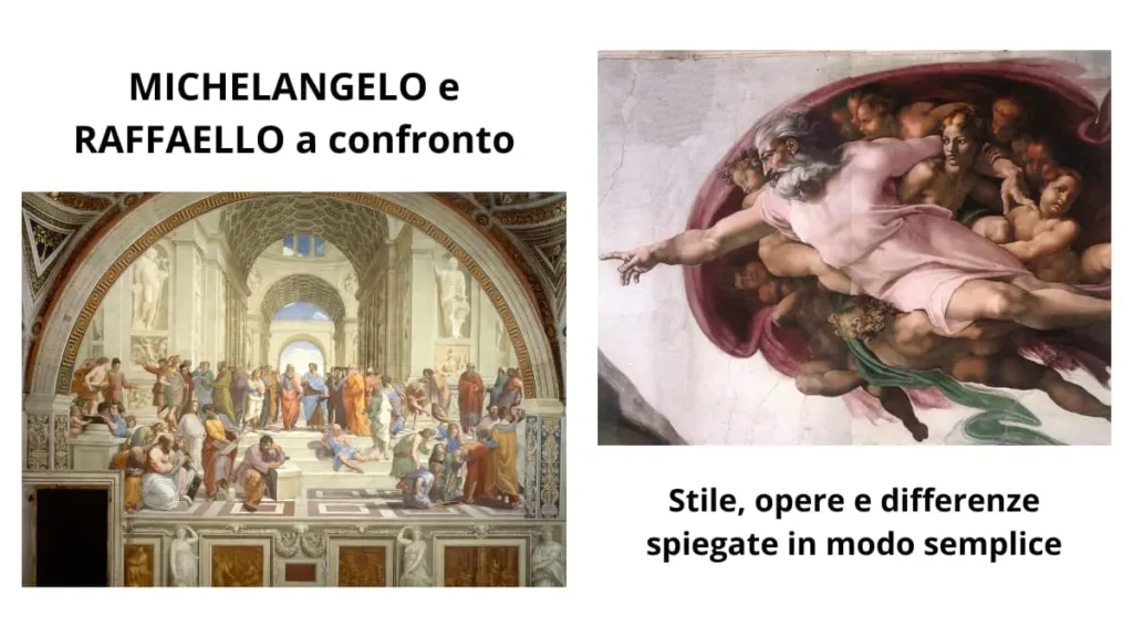 Dettaglio della Creazione di Adamo di Michelangelo e della Scuola di Atene di Raffaello: Michelangelo e Raffaello a confronto.