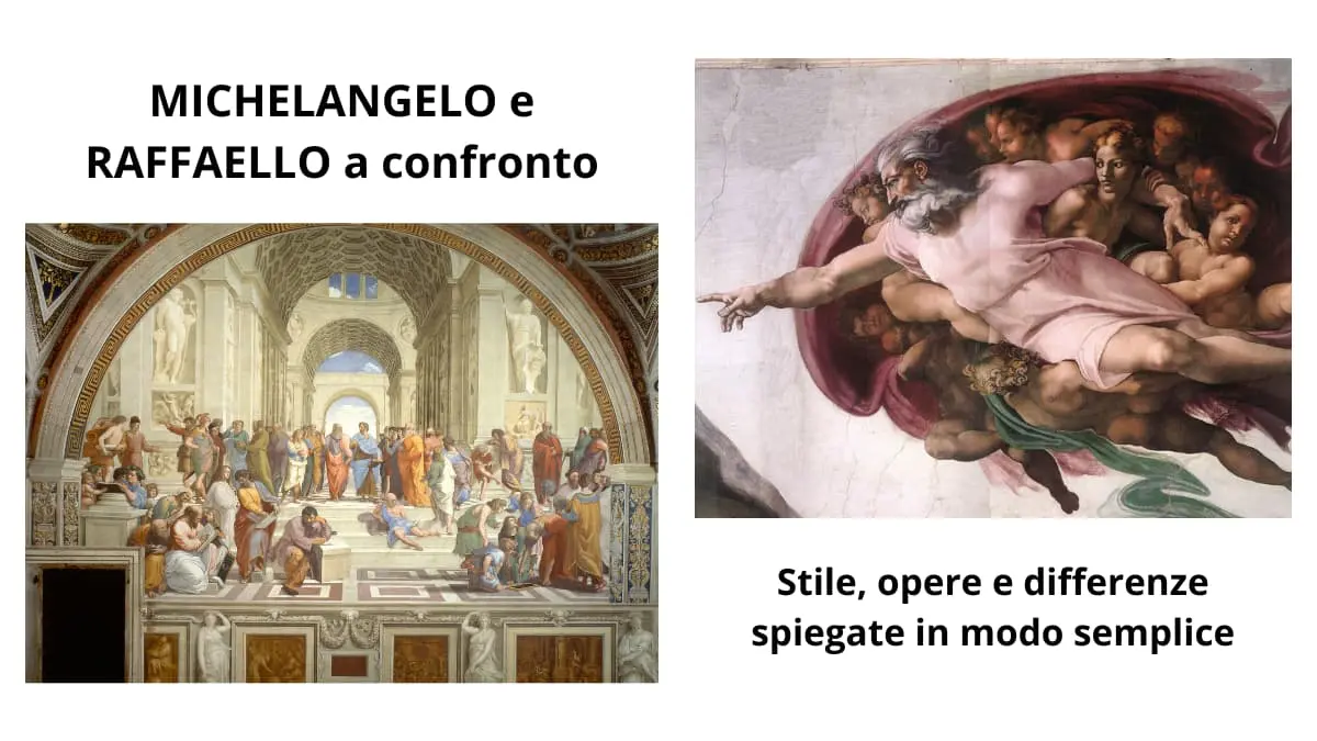 Dettaglio della Creazione di Adamo di Michelangelo e della Scuola di Atene di Raffaello: Michelangelo e Raffaello a confronto.