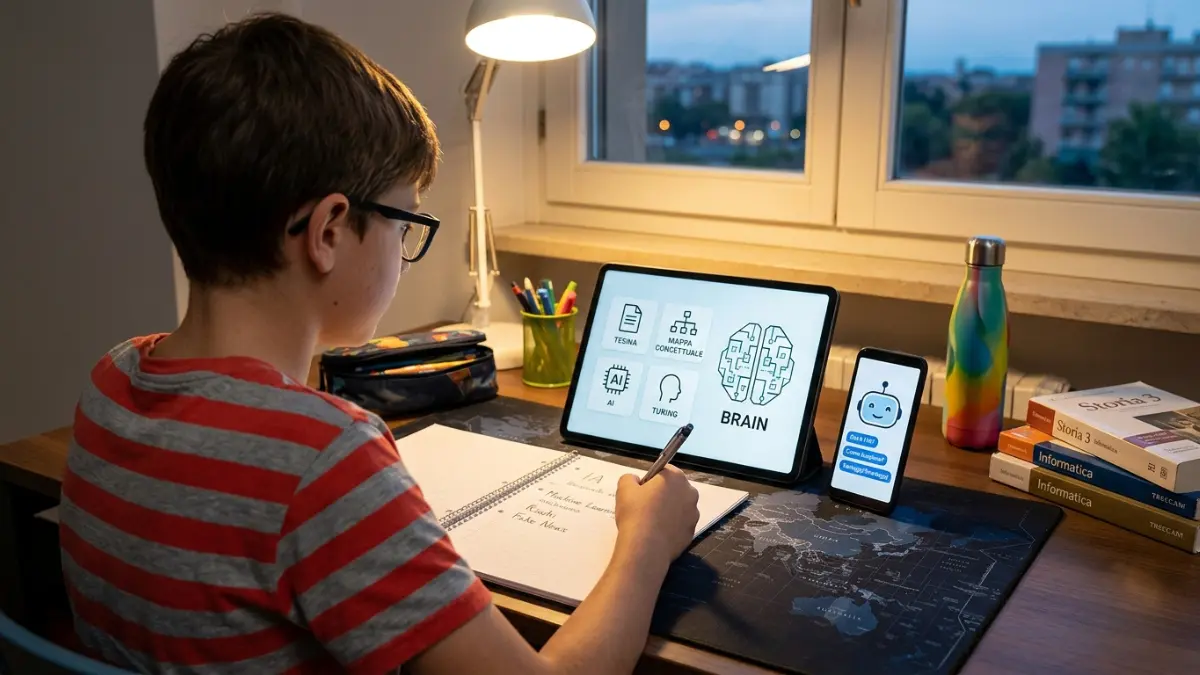 Studente di spalle al tavolo con tablet e notebook che prepara la mappa concettuale sull'intelligenza artificiale