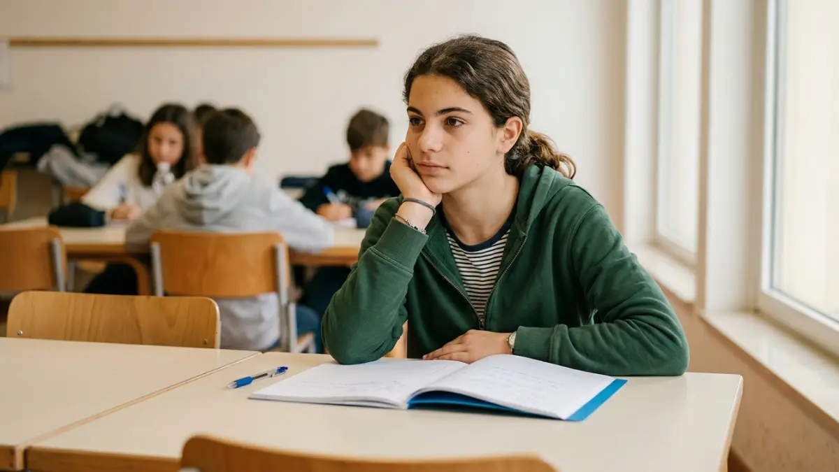 Studentessa di scuola media pensierosa al banco di classe mentre riflette per scrivere un tema sulle emozioni