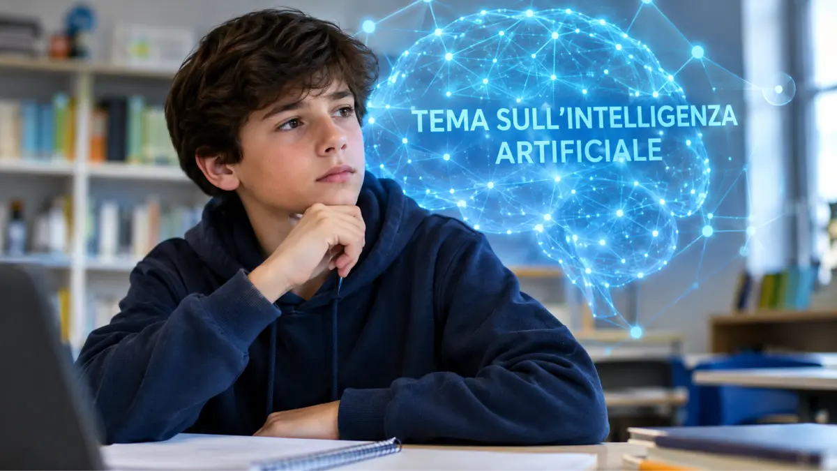 Studente di scuola media che riflette con sullo sfondo la grafica di un cervello digitale dell'intelligenza artificiale