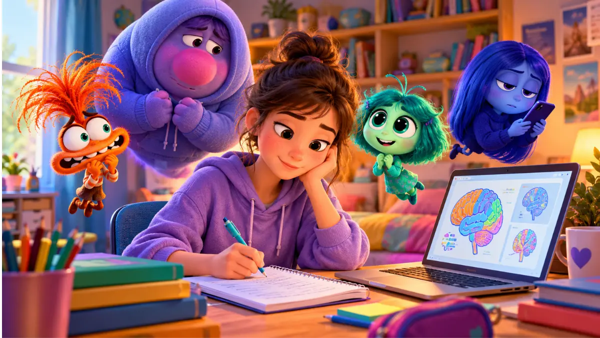 Illustrazione di una ragazza d'adolescente che scrive sul quaderno circondata dalle emozioni di Inside Out 2 come Ansia e Rabbia per la tesina d'esame.
