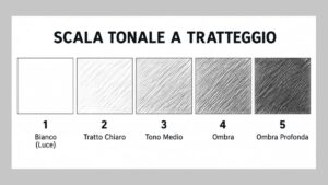 Esercizio Scala Tonale a Tratteggio Esercizio pratico della scala tonale a 5 riquadri con tratteggio e chiaroscuro per studenti