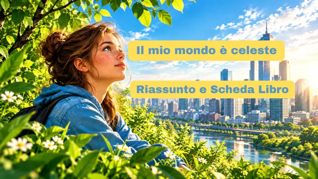 Copertina grafica e scheda riassunto del libro Il mio mondo è celeste per la scuola media