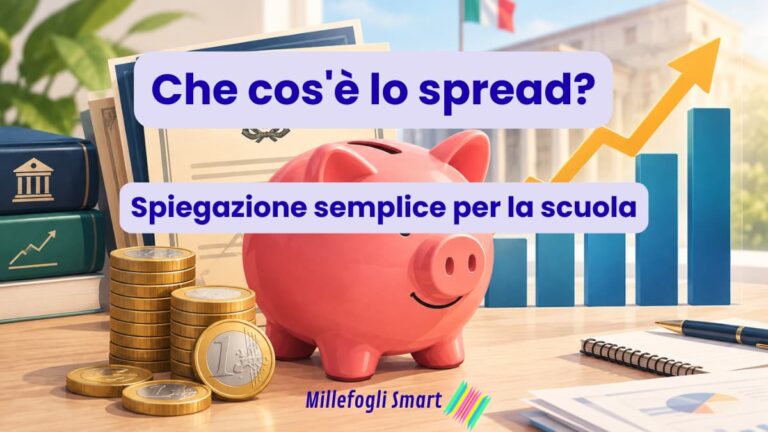 Illustrazione con salvadanaio e grafici economici per spiegare lo spread a scuola