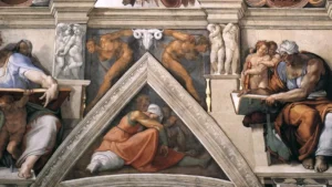 Michelangelo Sistine Chapel Ceiling Detail Michelangelo vs Raphael - Close-up detail of the Sistine Chapel ceiling fresco by Michelangelo