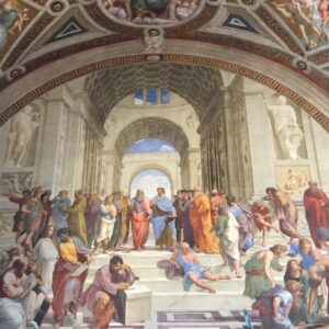 Raphael School of Athens Fresco Vatican Michelangelo vs Raphael - The School of Athens fresco by Raphael in the Vatican Museums
