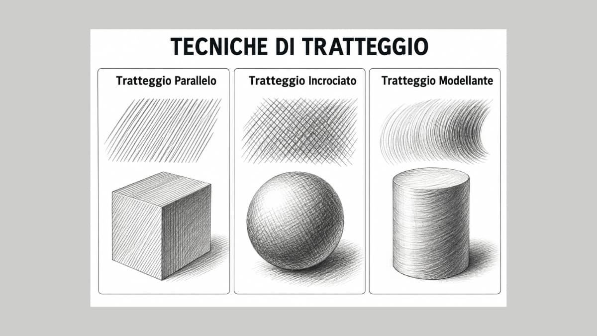 Schema visivo con i tre tipi di tratteggio chiaroscuro: parallelo, incrociato e modellante