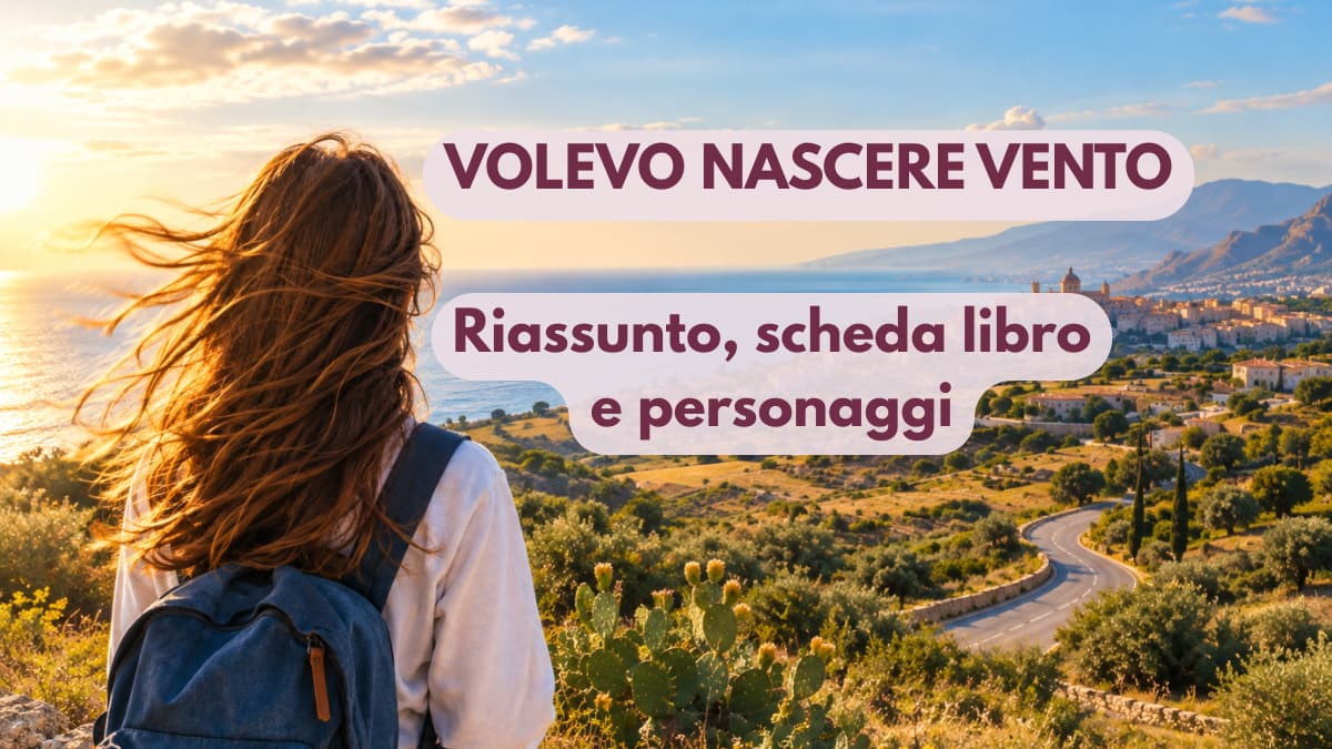Illustrazione di una ragazza di spalle che osserva il paesaggio siciliano con testo Volevo nascere vento riassunto, scheda libro e personaggi